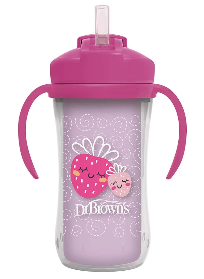 دكتور براونز 10 oz/300 mL Insulated Straw Cup with Handles, Pink Strawberries (12m+), 1-Pack