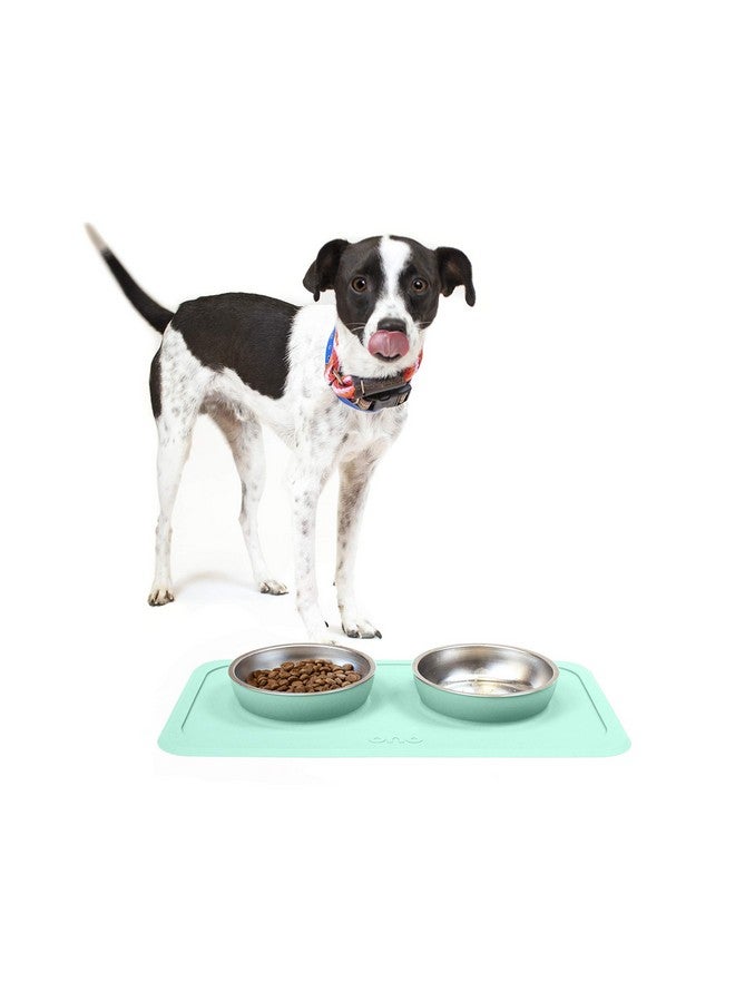 Ono Good Bowl Food & Water Double Feeder - Small to Medium Pets No Spill Non Skid Silicone Mat & Stainless Steel Bowls for Dogs or Cats (Mint) - Image 1