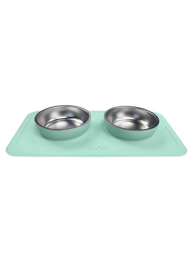 Ono Good Bowl Food & Water Double Feeder - Small to Medium Pets No Spill Non Skid Silicone Mat & Stainless Steel Bowls for Dogs or Cats (Mint) - Image 4