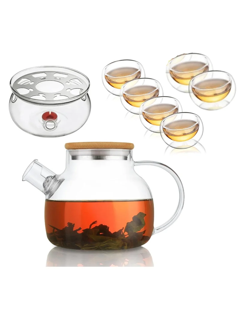 1Chase Borosilicate Glass Teapot with Bamboo Lid 1000 ML with Tea Warmer and 80 ml Double Wall Glass 6 Pc Set