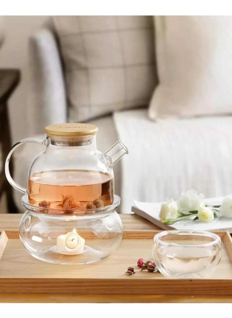 1Chase Borosilicate Glass Teapot with Bamboo Lid 1000 ML with Tea Warmer and 80 ml Double Wall Glass 6 Pc Set