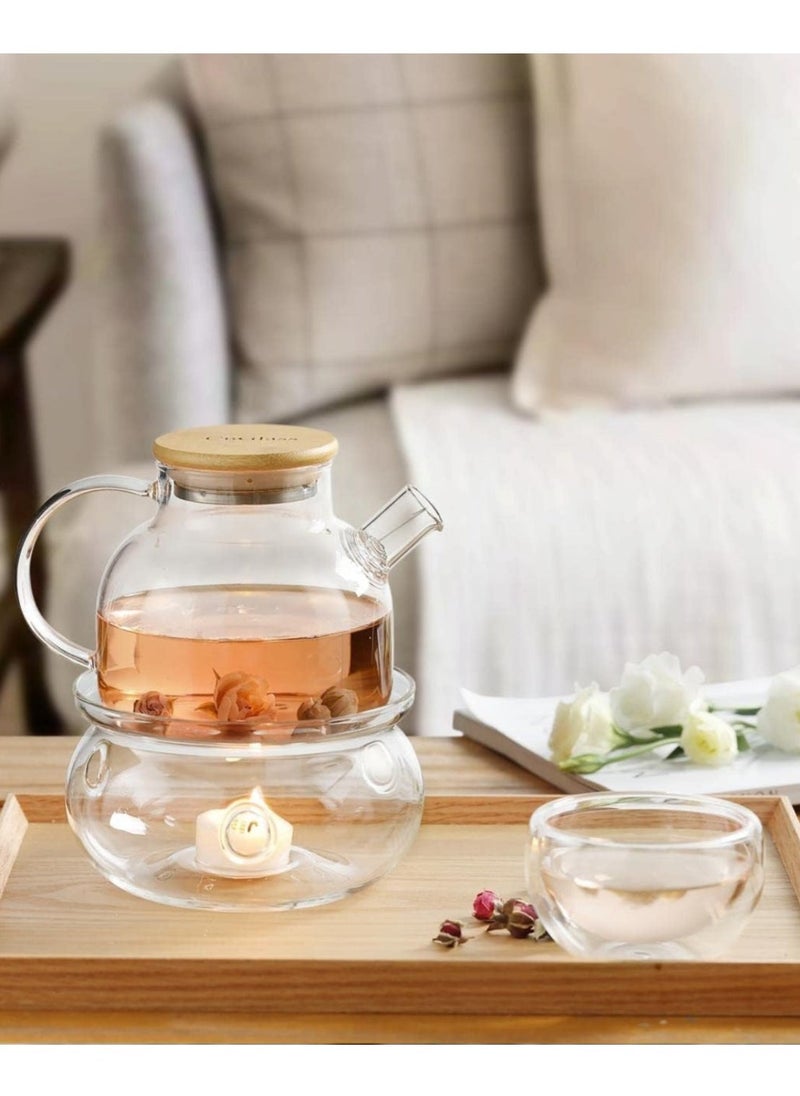 1Chase Borosilicate Glass Teapot with Bamboo Lid 1000 ML with Tea Warmer and 80 ml Double Wall Glass 6 Pc Set - Image 2