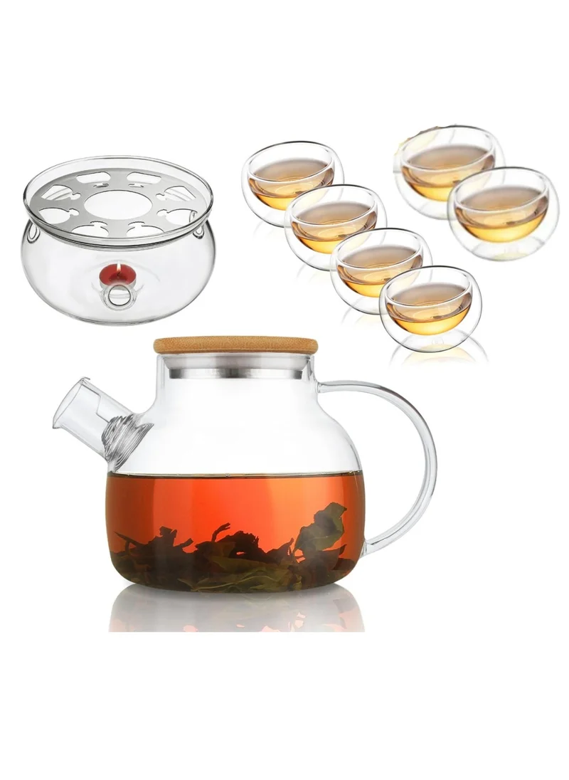 1Chase Borosilicate Glass Teapot with Bamboo Lid 1000 ML with Tea Warmer and 80 ml Double Wall Glass 6 Pc Set