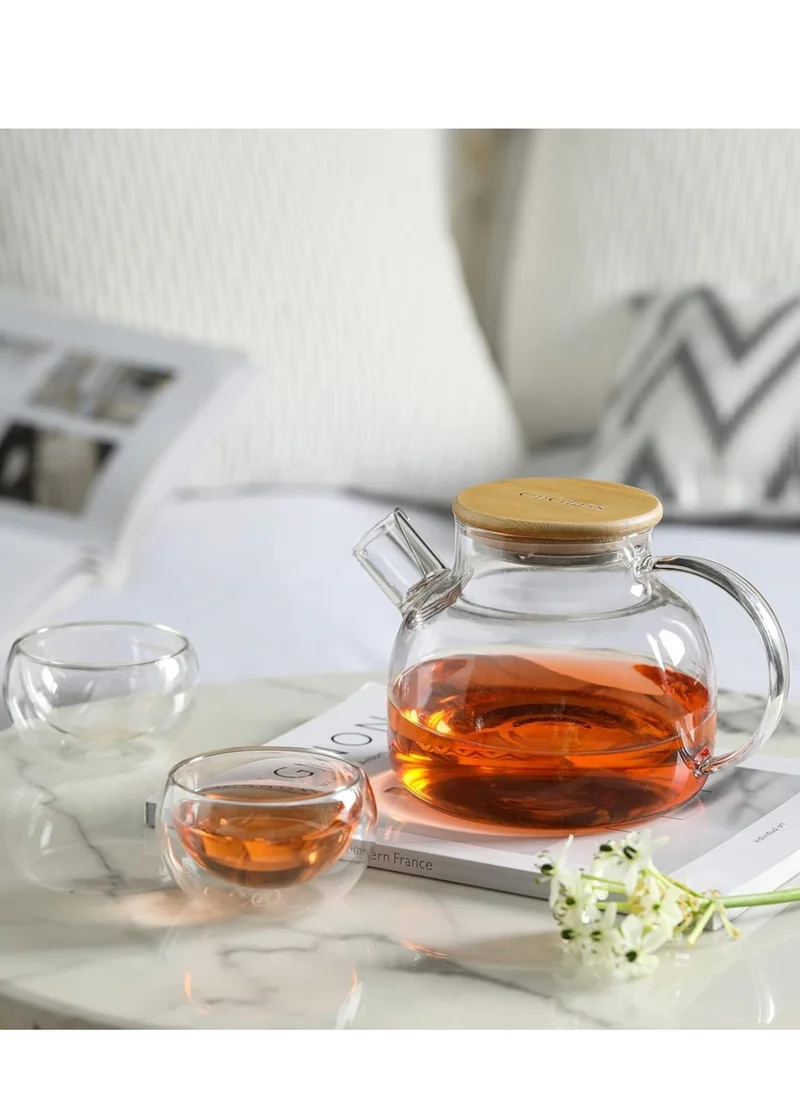 1Chase Borosilicate Glass Teapot with Bamboo Lid 1000 ML with Tea Warmer and 80 ml Double Wall Glass 6 Pc Set