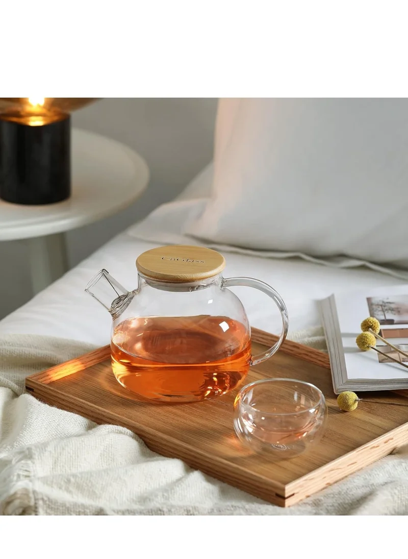 1Chase 1000ml Teaset Borosilicate Glass Teapot with Bamboo Lid 1000 ML with Tea Warmer and 80 ml Double Wall Glass 6 Pc Set  | Best Price UAE