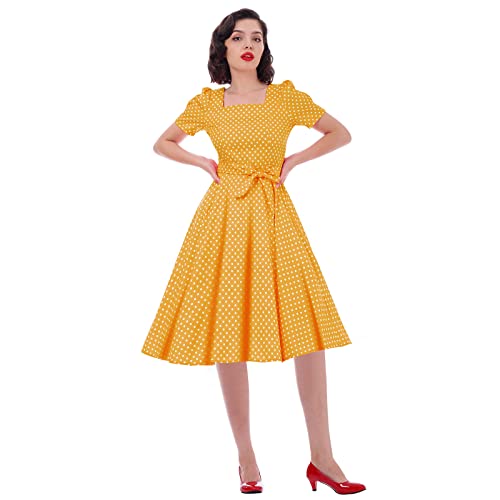 IKADEX Women Vintage 50s 1950s Dress Square Neck A-line Polka Dot Rockabilly Swing Evening Party Cocktail Dresses Yellow XL - Image 1