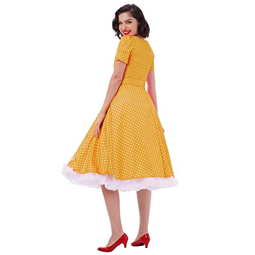 IKADEX Women Vintage 50s 1950s Dress Square Neck A-line Polka Dot Rockabilly Swing Evening Party Cocktail Dresses Yellow XL - Image 3