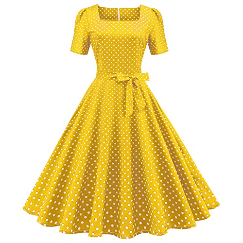 IKADEX Women Vintage 50s 1950s Dress Square Neck A-line Polka Dot Rockabilly Swing Evening Party Cocktail Dresses Yellow XL - Image 4
