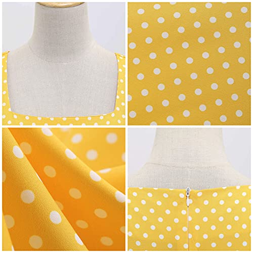 IKADEX Women Vintage 50s 1950s Dress Square Neck A-line Polka Dot Rockabilly Swing Evening Party Cocktail Dresses Yellow XL - Image 5