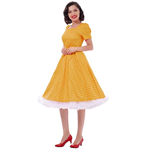 IKADEX Women Vintage 50s 1950s Dress Square Neck A-line Polka Dot Rockabilly Swing Evening Party Cocktail Dresses Yellow XL - Image 2