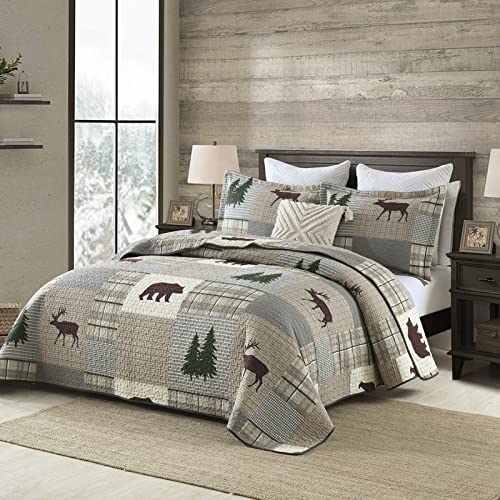 PERHOM Quilt King Size - 100% Cotton Lightweight Cabin Plaid King Quilt Bedding Set, Forest Tree Brown Bear Deer Patchwork Reversible Bedspread/Coverlet/Comforter Set with 2 Shams, 3PCS - Image 2