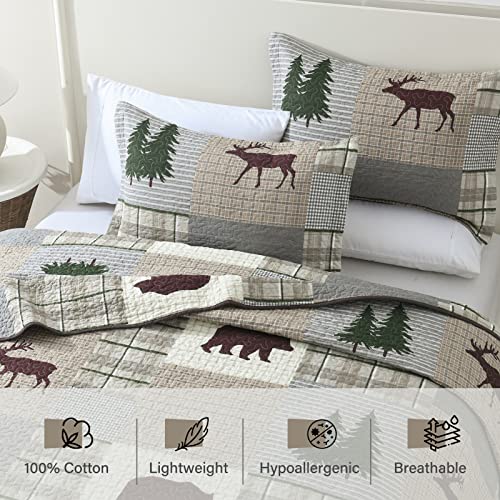 PERHOM Quilt King Size - 100% Cotton Lightweight Cabin Plaid King Quilt Bedding Set, Forest Tree Brown Bear Deer Patchwork Reversible Bedspread/Coverlet/Comforter Set with 2 Shams, 3PCS - Image 4