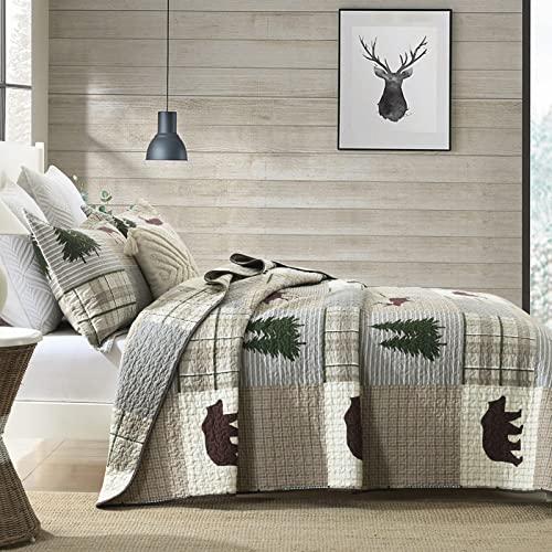PERHOM Quilt King Size - 100% Cotton Lightweight Cabin Plaid King Quilt Bedding Set, Forest Tree Brown Bear Deer Patchwork Reversible Bedspread/Coverlet/Comforter Set with 2 Shams, 3PCS - Image 3