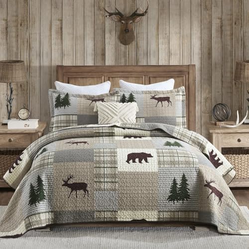 PERHOM Quilt King Size - 100% Cotton Lightweight Cabin Plaid King Quilt Bedding Set, Forest Tree Brown Bear Deer Patchwork Reversible Bedspread/Coverlet/Comforter Set with 2 Shams, 3PCS - Image 1