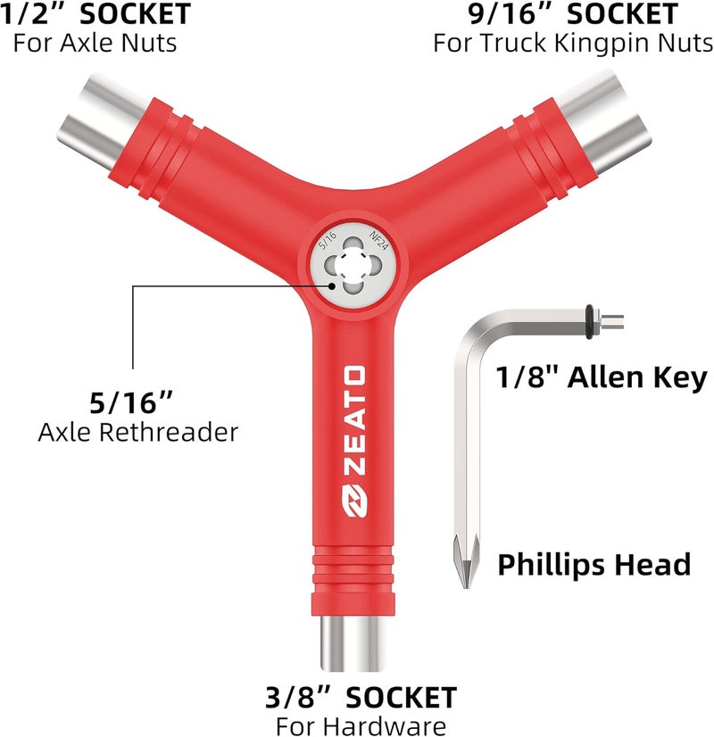 Zeato All-in-One Skate Tools Multi-Function Portable Skateboard T Tool Accessory with T-Type Allen Key and L-Type Phillips Head Wrench Screwdriver - Image 2