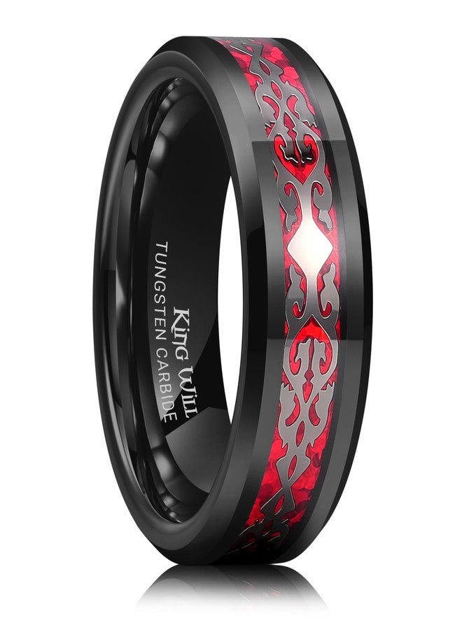 King Will 8mm Black Tungsten Ring for Men Black Palace Patterns Red Opal Inlay Rings Vintage Wedding Band High Polished Beveled Edges Comfort Fit Size 8 - Image 1