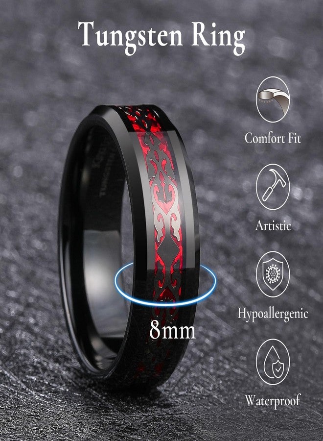 King Will 8mm Black Tungsten Ring for Men Black Palace Patterns Red Opal Inlay Rings Vintage Wedding Band High Polished Beveled Edges Comfort Fit Size 8 - Image 2