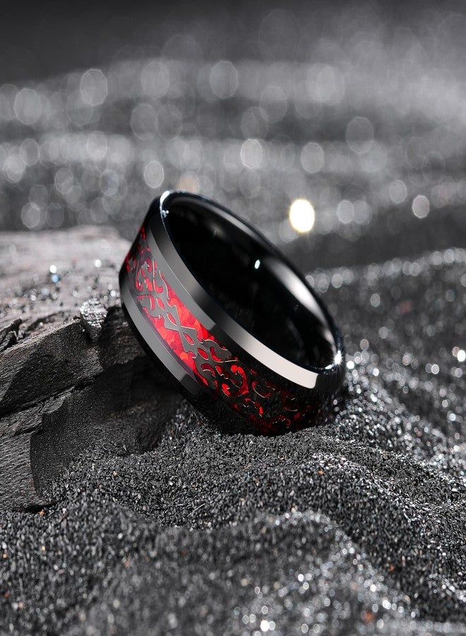King Will 8mm Black Tungsten Ring for Men Black Palace Patterns Red Opal Inlay Rings Vintage Wedding Band High Polished Beveled Edges Comfort Fit Size 8 - Image 3