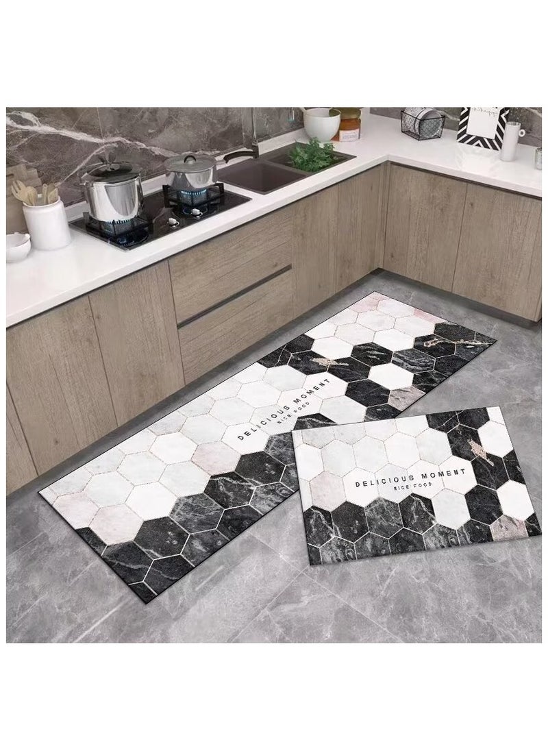 LESTER LESTER Oil-Proof Non-Slip Kitchen Mat Water Absorbent Kitchen Carpet Quick Drying, Kitchen Rug Non-Slip Entrance Doormat, Diatom Leather Floor Mats Home Decor Set Delicious Moment White and Black Color  40X60x40X120cm 