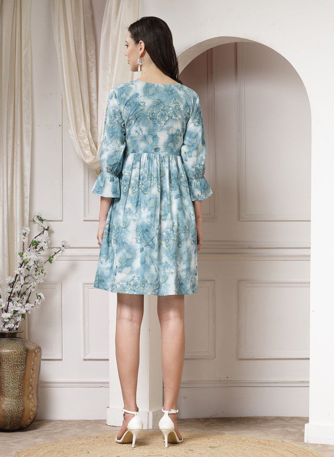 Indibelle Women Abstract Printed Gathered Cotton A-Line Flared Mini Dress - Image 5
