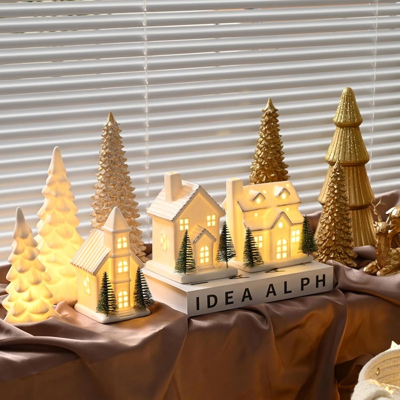 AOMOONOA Ceramic White Christmas Village Houses, 3Pcs Light Up Small Porcelain Village House with 6Pcs Christmas Trees, LED Lighted Tabletop House Figurines for Home Decor, Winter Holiday DIY, Gift - Image 5
