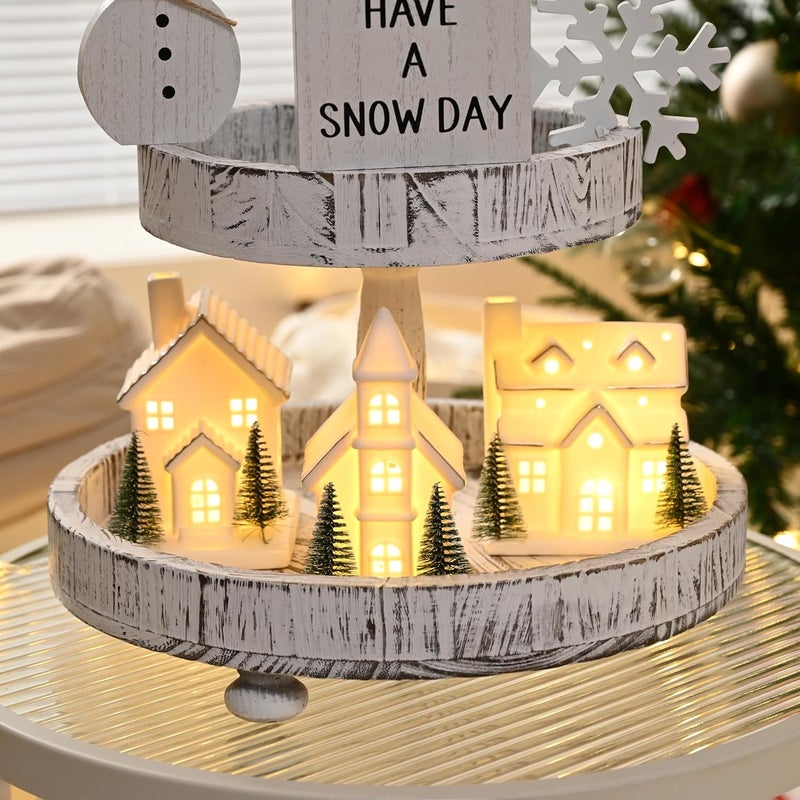 AOMOONOA Ceramic White Christmas Village Houses, 3Pcs Light Up Small Porcelain Village House with 6Pcs Christmas Trees, LED Lighted Tabletop House Figurines for Home Decor, Winter Holiday DIY, Gift - Image 4