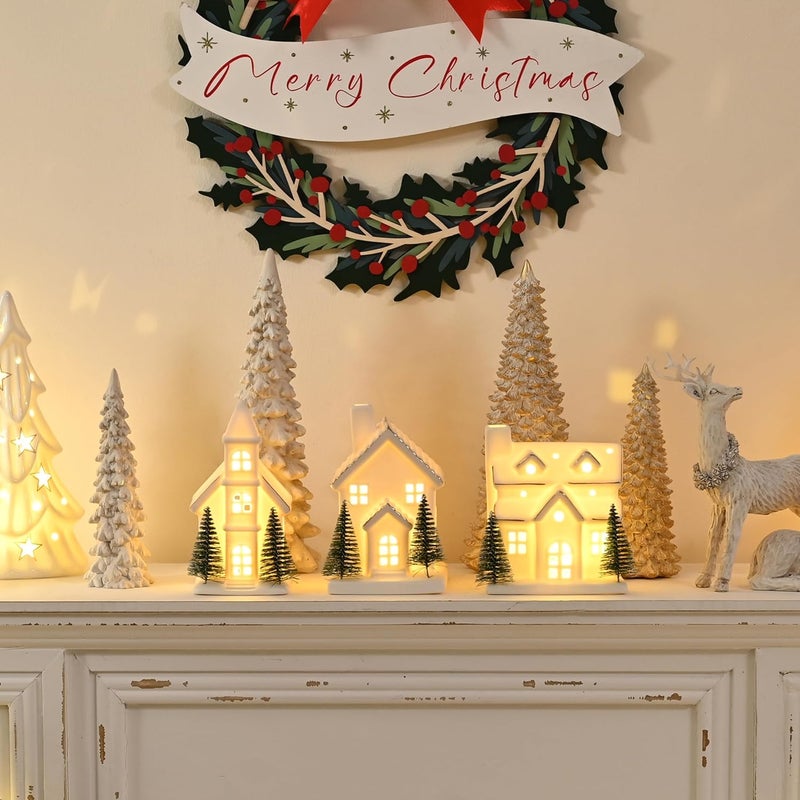 AOMOONOA Ceramic White Christmas Village Houses, 3Pcs Light Up Small Porcelain Village House with 6Pcs Christmas Trees, LED Lighted Tabletop House Figurines for Home Decor, Winter Holiday DIY, Gift - Image 3