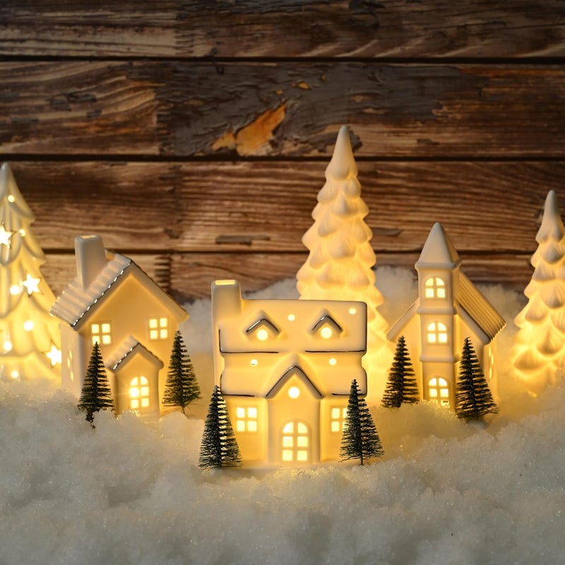 AOMOONOA Ceramic White Christmas Village Houses, 3Pcs Light Up Small Porcelain Village House with 6Pcs Christmas Trees, LED Lighted Tabletop House Figurines for Home Decor, Winter Holiday DIY, Gift - Image 2