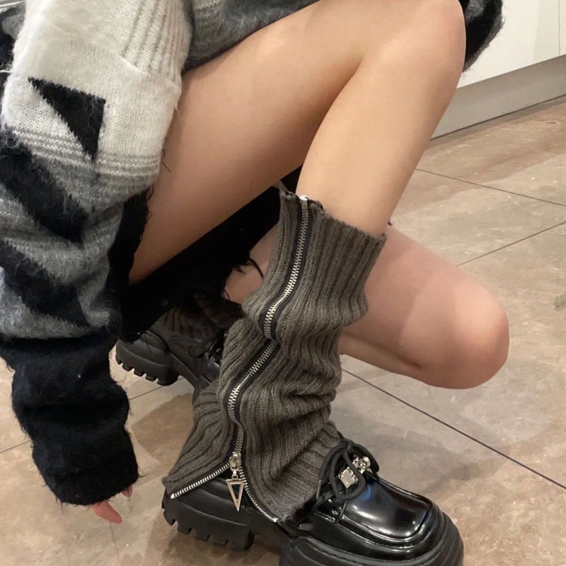 Side Zipper Distinctive Warm Knitted Socks All-match Zipper Black Calf Stacking Socks Middle Cylinder Jk Socks Stacking Leg Sleeve - Image 2