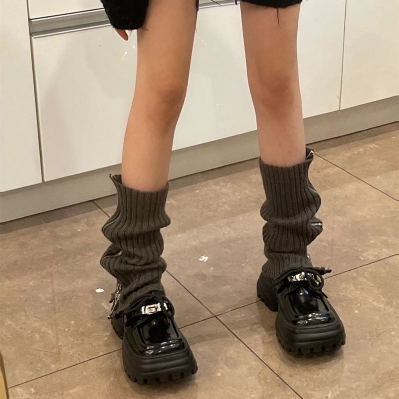 Side Zipper Distinctive Warm Knitted Socks All-match Zipper Black Calf Stacking Socks Middle Cylinder Jk Socks Stacking Leg Sleeve - Image 3