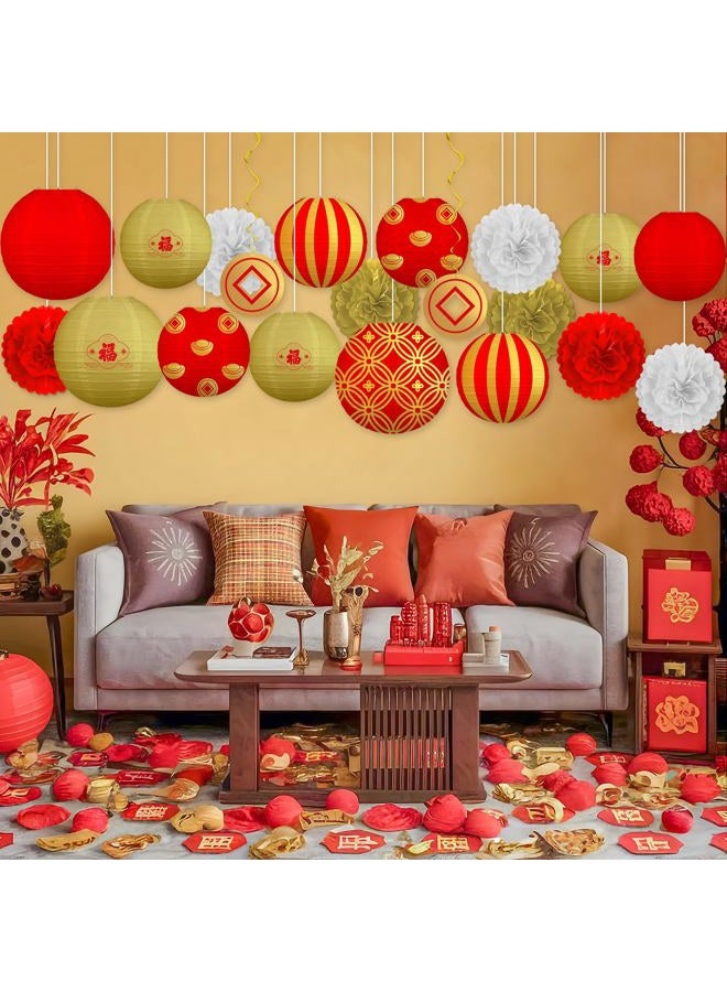 Renbuzhu 20Pcs Chinese Lunar New Year Decorations 2026 Paper Lanterns Pom Poms Hanging Swirls for Vietnamese TET Japanese Hibachi Party Home Decor - Image 2