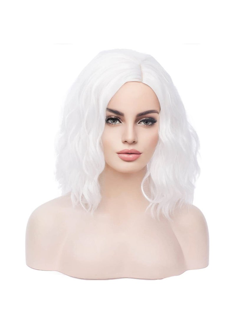 MAGQOO MAGQOO White Wig for Women  Synthetic Heat Resistant 14 Inch WavyCurly Side Part Bob Style 