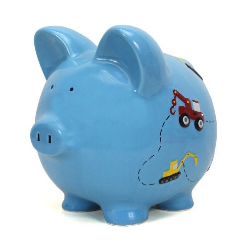 Child to Cherish Ceramic Piggy Bank for Boys, Construction Trucks, Blue - Image 2