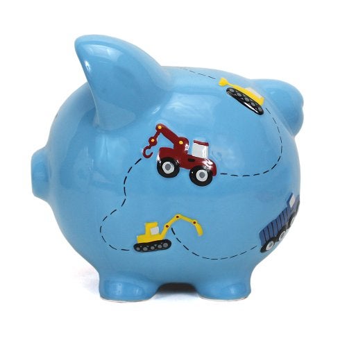 Child to Cherish Ceramic Piggy Bank for Boys, Construction Trucks, Blue - Image 3