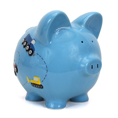 Child to Cherish Ceramic Piggy Bank for Boys, Construction Trucks, Blue - Image 1