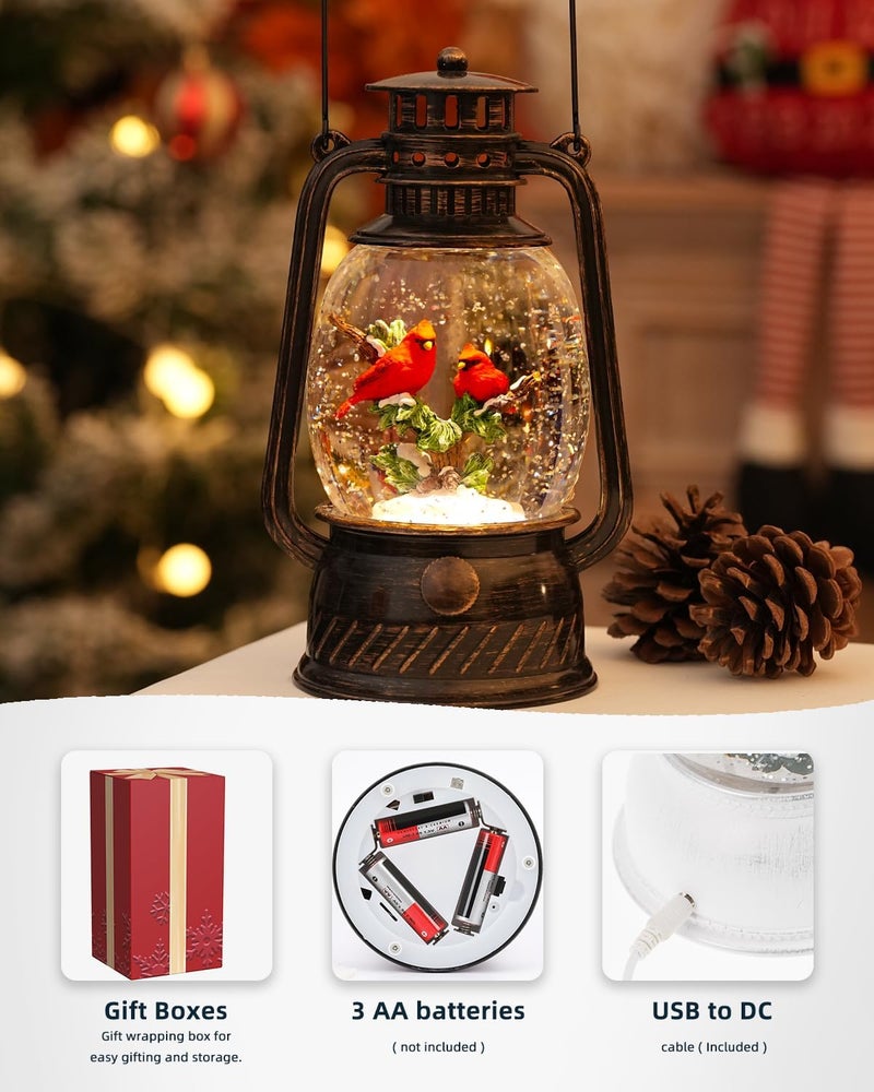PEATOP Christmas Snow Globes Cardinal Gifts,Christmas Decorations Cardinal Snow Globe, Musical Lantern Light Up 6H Time Glitter Globe Cardinal Red Bird Memorial Gift for Women - Image 2