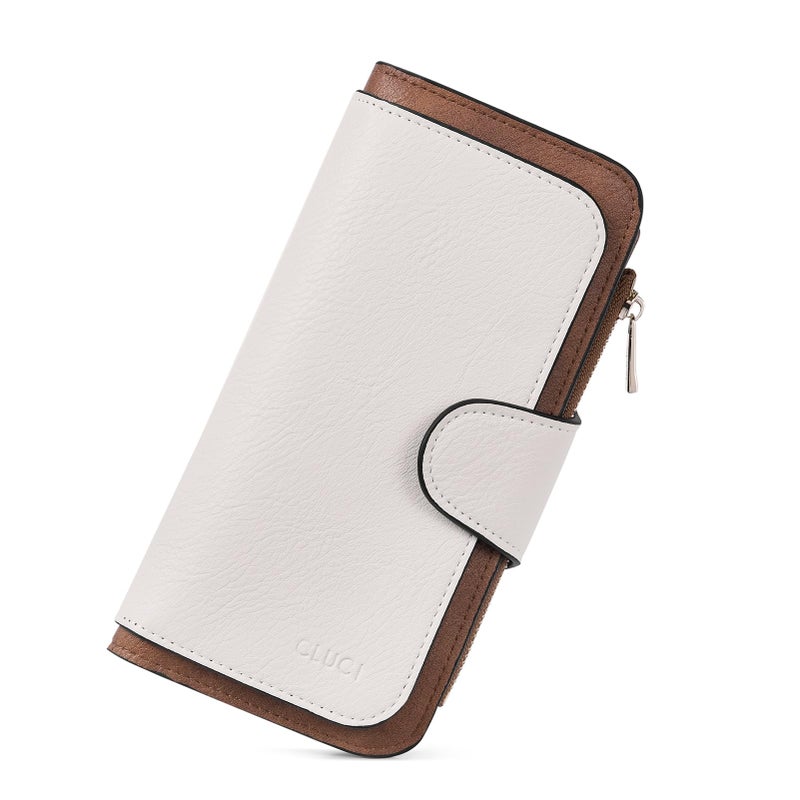CLUCI Wallet For Women PU Leather RFID Blocking Womens Wallet Bifold Card Holder with ID Window Beige With Brown - Image 1