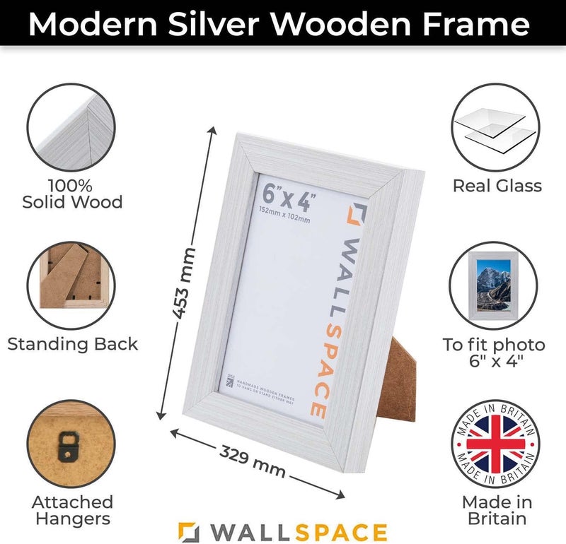 Wall Space 6 x 4 inch photo frame | Modern Silver 4x6 inch photo frames to fit image size 6x4 inches - With REAL GLASS and made from SOLID WOOD this 6 x 4 frame is made here in the UK | 4 x 6 frame Balanced structure - Image 2