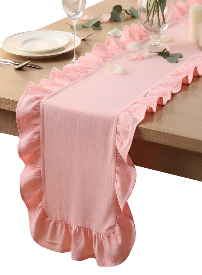 Oudain Pink Ruffle Table Runner Cotton Fabric 118 x 13.8'' Farmhouse Rustic Ruffled Edge Table Runner Wedding Decor for Christmas Holiday Baby Shower Bridal Shower Party - Image 1