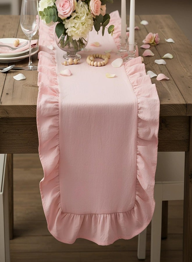 Oudain Pink Ruffle Table Runner Cotton Fabric 118 x 13.8'' Farmhouse Rustic Ruffled Edge Table Runner Wedding Decor for Christmas Holiday Baby Shower Bridal Shower Party - Image 5