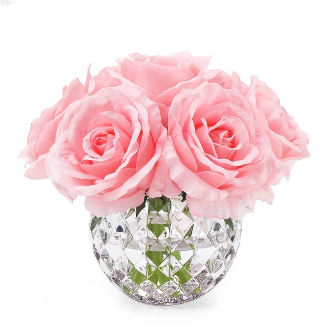 7 LARGE STEM ROSE ARTIFICIAL FLOWERS IN VASE SILK FLOWERS ARRANGEMENT IN ROUND GLASS VASE WITHOUT WATER FOR HOME DECOR WEDDING TABLE PINK
