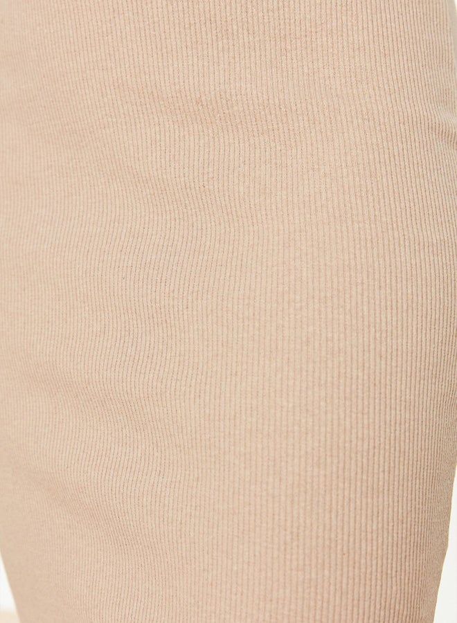 trendyol Camel Pool Collar Double String Strap Body Fitted Ribbed Flexible Midi Knitted Pencil Dress - Image 2