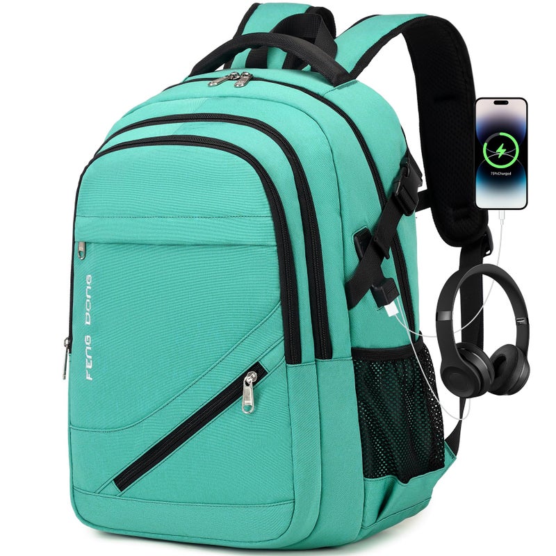 FENGDONG 17.3 inch Large Laptop Backpack Durable Waterproof Travel College Backpack Bookbag for Men & Women Business Backpack with USB Charging Port,Headset Port Light Green - Image 1