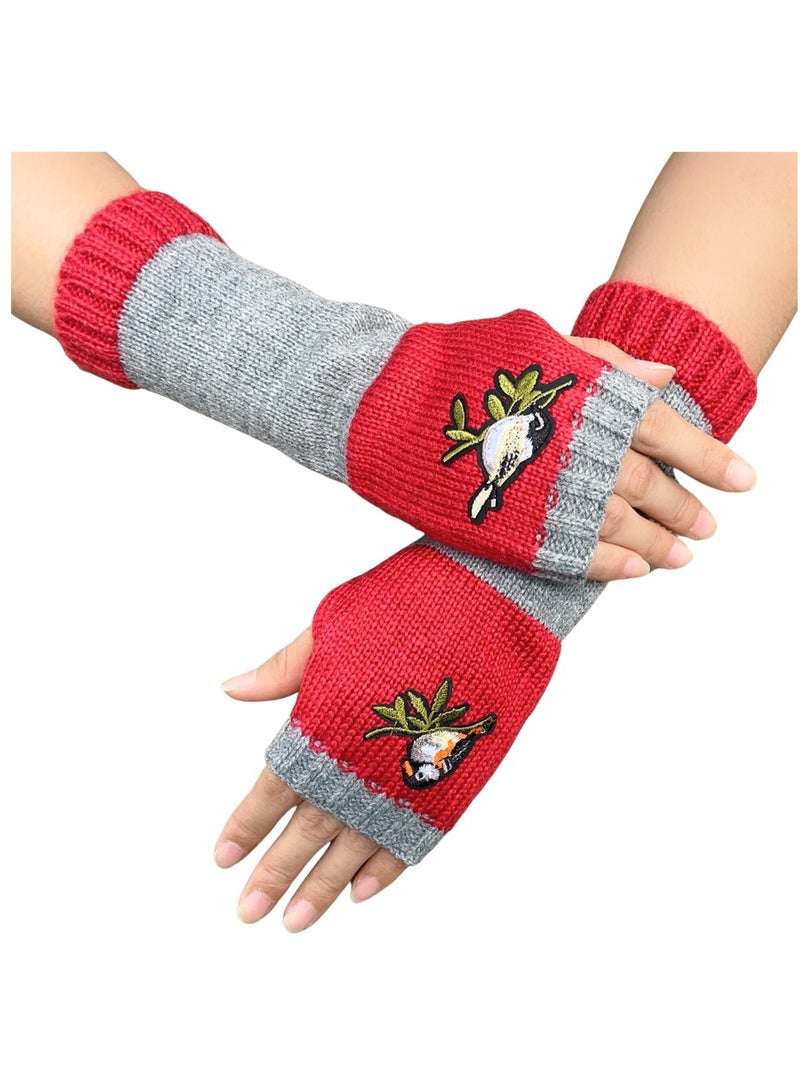 SYOSI Fingerless Gloves for Women, Stitching Embroidery Soft And Comfortable Gloves, Autumn And Winter Warm Gloves, Knitted Half Finger Glove, Cute Bird Arm Warmer - Image 1