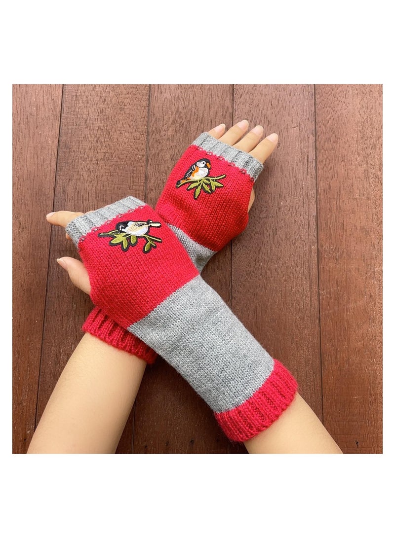 SYOSI Fingerless Gloves for Women, Stitching Embroidery Soft And Comfortable Gloves, Autumn And Winter Warm Gloves, Knitted Half Finger Glove, Cute Bird Arm Warmer - Image 3
