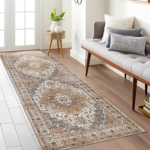 Madane Washable Runner Rug - 2x6 Rug Runners for Hallways 6 Feet Non Slip Vintage Kitchen Runner Rug Ultra-Thin Bathroom Runner Rugs Carpet Laundry Room Bedroom (2x6ft, Turmeric/Grey) - Image 1