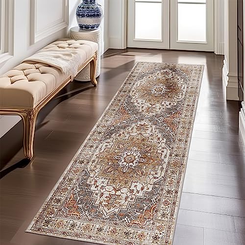 Madane Washable Runner Rug - 2x6 Rug Runners for Hallways 6 Feet Non Slip Vintage Kitchen Runner Rug Ultra-Thin Bathroom Runner Rugs Carpet Laundry Room Bedroom (2x6ft, Turmeric/Grey) - Image 2