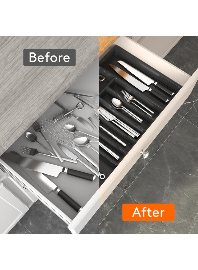 Expandable Cutlery Drawer Organizer Up to 57cm, Adjustable Utensil Tray, Black Plastic Storage for Spoons Forks Knives, Kitchen Drawer Organiser - Image 2