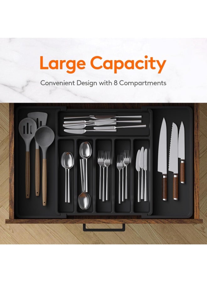 Expandable Cutlery Drawer Organizer Up to 57cm, Adjustable Utensil Tray, Black Plastic Storage for Spoons Forks Knives, Kitchen Drawer Organiser - Image 4