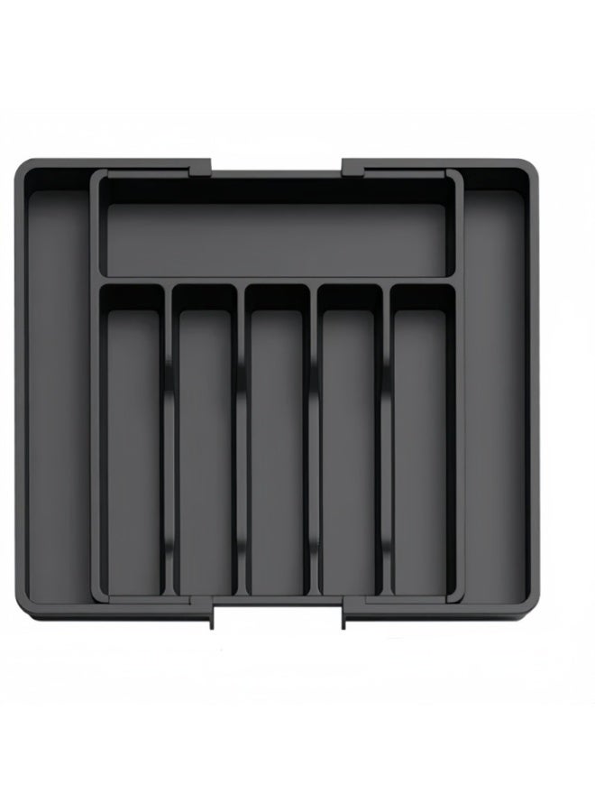 Expandable Cutlery Drawer Organizer Up to 57cm, Adjustable Utensil Tray, Black Plastic Storage for Spoons Forks Knives, Kitchen Drawer Organiser - Image 1